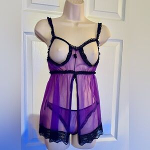 Spectacular Vintage Fredrick's of Hollywood Purple Nylon Peek-a-Boo Lingerie Set